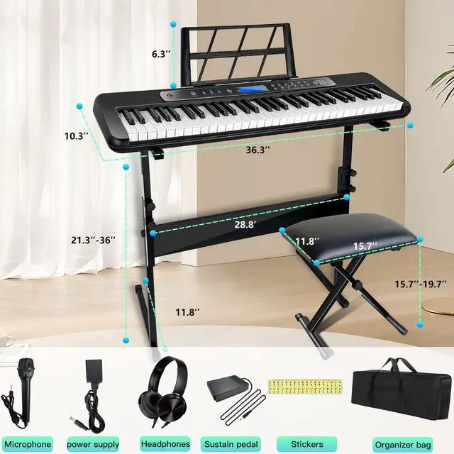 Alt view image 4 of 7 - Pro 61-Key Electric Keyboard Piano w/LCD & Sustain Pedal, Full-Size Studio Keyboard w/Stand, Bench, Headphones, Mic, 200 Timbres/Rhythms, 80 Songs, Professional Piano Keyboard for All Levels