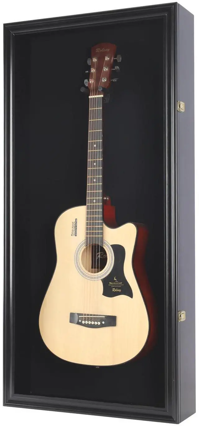 Main image of 45" Acoustic Guitar Display Case Cabinet Shadow Box with Guitar Hanger Stand, Lockable 98% UV Protection Black Felt Interior Black Finish Frame