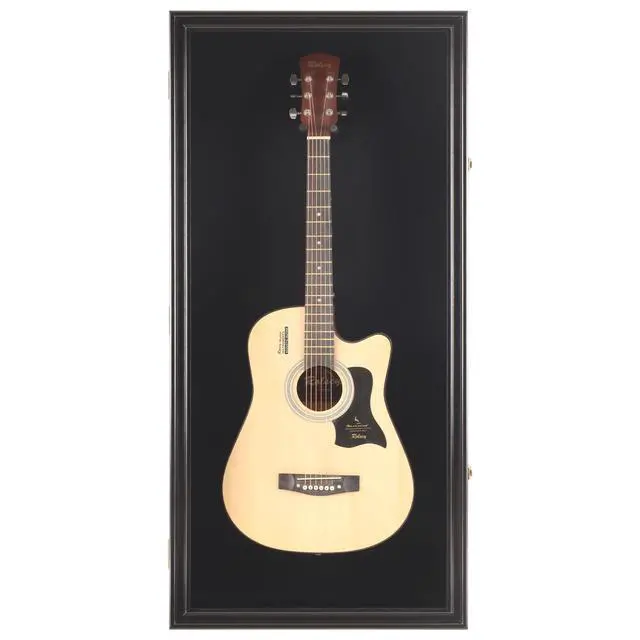 Alt view image 2 of 7 - 45" Acoustic Guitar Display Case Cabinet Shadow Box with Guitar Hanger Stand, Lockable 98% UV Protection Black Felt Interior Black Finish Frame
