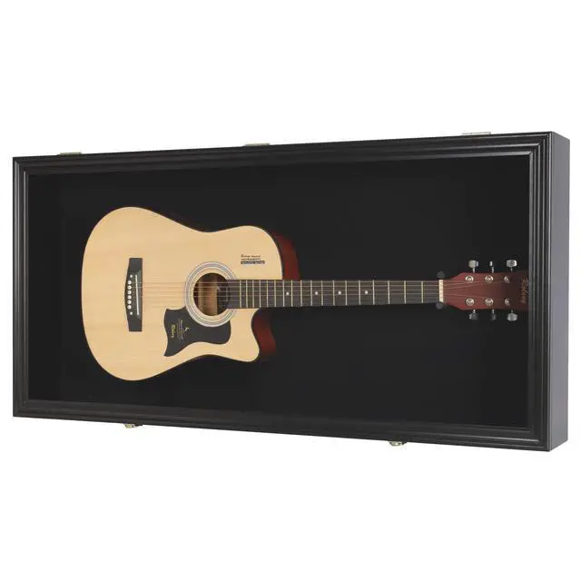 Alt view image 3 of 7 - 45" Acoustic Guitar Display Case Cabinet Shadow Box with Guitar Hanger Stand, Lockable 98% UV Protection Black Felt Interior Black Finish Frame