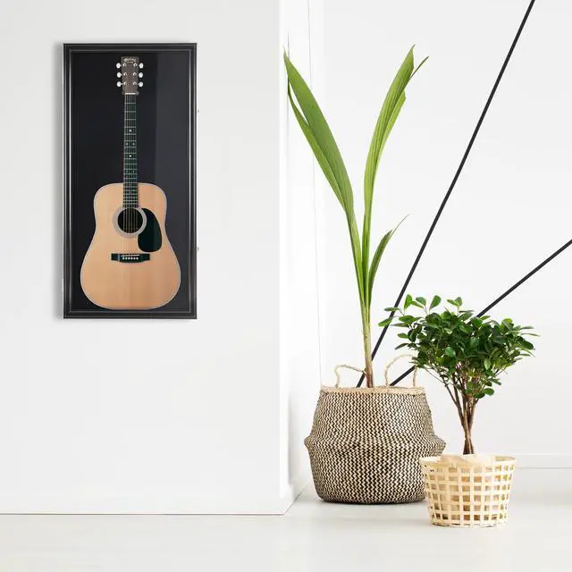 Alt view image 6 of 7 - 45" Acoustic Guitar Display Case Cabinet Shadow Box with Guitar Hanger Stand, Lockable 98% UV Protection Black Felt Interior Black Finish Frame