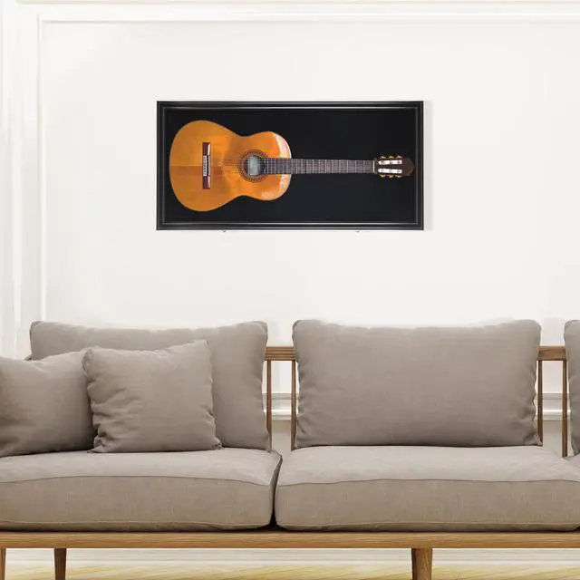 Alt view image 7 of 7 - 45" Acoustic Guitar Display Case Cabinet Shadow Box with Guitar Hanger Stand, Lockable 98% UV Protection Black Felt Interior Black Finish Frame