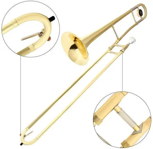 Alt view image 3 of 6 - Bb Tenor Slide Trombone, B Flat Brass Plated Trombone Instrument for Beginners Students with Hard Case, with Mouthpiece, White Gloves (12.5mm/200 mm), Golden