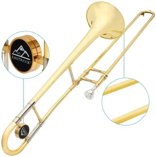 Alt view image 2 of 6 - Bb Tenor Slide Trombone, B Flat Brass Plated Trombone Instrument for Beginners Students with Hard Case, with Mouthpiece, White Gloves (12.5mm/200 mm), Golden