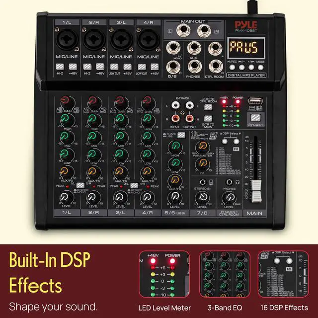 Alt view image 3 of 7 - 8 Channel Studio Mixer - Small Footprint, USB - PC Recording, Bluetooth In, MP3 Player, DSP Effects, +48V Phantom Power, XLR Combo Inputs, Control Room Out, Smooth Dials and Faders - PMX408ST