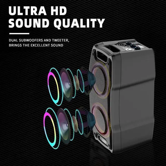 Alt view image 2 of 6 - Karaoke Machine, Wireless Bluetooth PA System for Adults & Kids with Dual 8'' Subwoofers, 2 UHF Wireless Mics, Colorful LED Lights, Ideal for Home Karaoke, Party, Stage Performance (VS-0808)