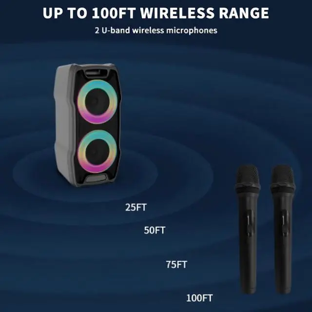 Alt view image 5 of 6 - Karaoke Machine, Wireless Bluetooth PA System for Adults & Kids with Dual 8'' Subwoofers, 2 UHF Wireless Mics, Colorful LED Lights, Ideal for Home Karaoke, Party, Stage Performance (VS-0808)
