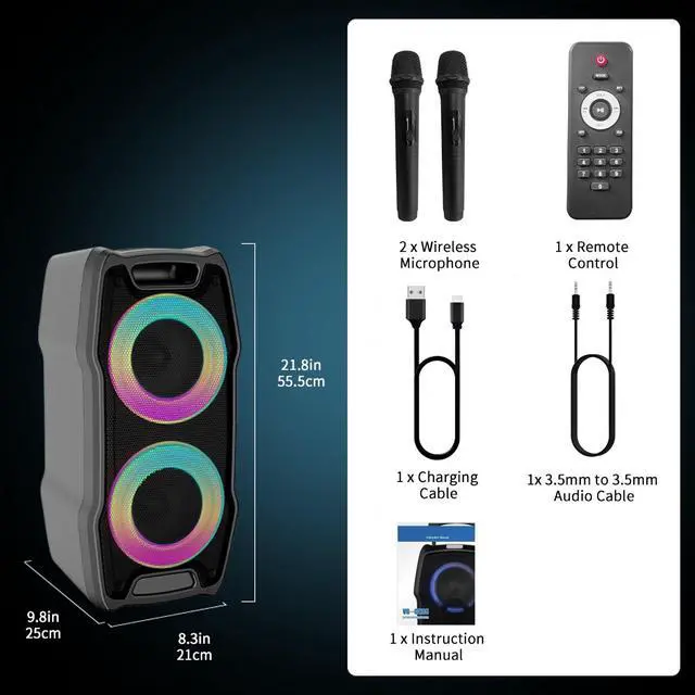 Alt view image 6 of 6 - Karaoke Machine, Wireless Bluetooth PA System for Adults & Kids with Dual 8'' Subwoofers, 2 UHF Wireless Mics, Colorful LED Lights, Ideal for Home Karaoke, Party, Stage Performance (VS-0808)