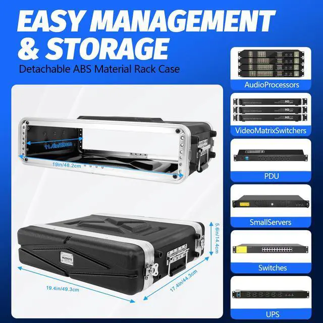 Alt view image 2 of 7 - 2U ABS Rack Case Shallow 12" Depth,19" Rackmount Flight Road Travel Case,Waterproof ProtectiveHard Case with Customized Foam, Wireless Mic SystemStorage,Amps, Mixers,Microphone Receivers