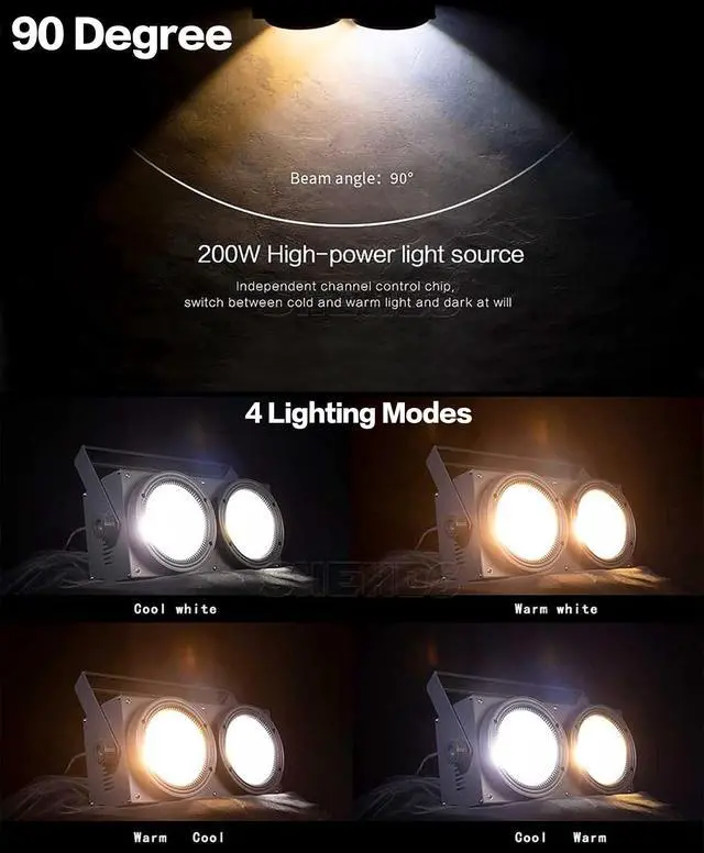 Alt view image 3 of 6 - Blinder Lights 200W COB 2 Eyes Stage Wash Lights, 1 Pack | Cool+Warm White, 90 Beam Angle, Audience Blinder, Casting Aluminum Shell, Sound Activated DMX512 Strobe Par