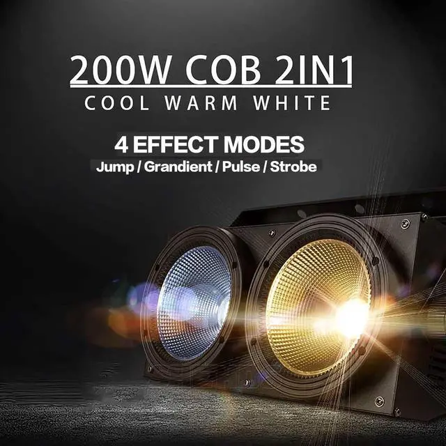 Alt view image 4 of 6 - Blinder Lights 200W COB 2 Eyes Stage Wash Lights, 1 Pack | Cool+Warm White, 90 Beam Angle, Audience Blinder, Casting Aluminum Shell, Sound Activated DMX512 Strobe Par