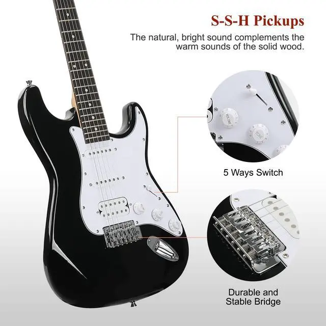 Alt view image 2 of 6 - Electric Guitar, 39 Inch Solid Full-size Electric Guitar HSS Pickups Starter Kit Includes Amplifier, Bag, Digital Tuner, Strap, String, Cable, PicksBlack