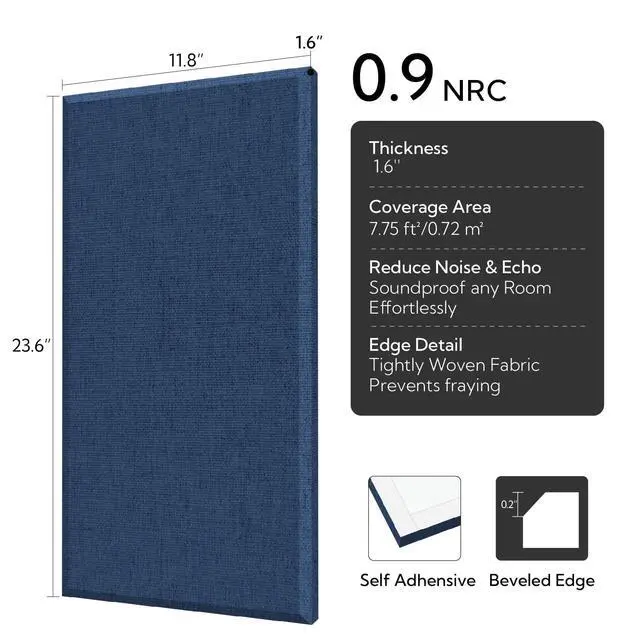 Alt view image 2 of 7 - Fiberglass Acoustic Wall Panels 4 Pack, 11.8'' x 23.6'' Sound Panels, Fabric Wrapped Sound Proof Panels for Walls (Navy)