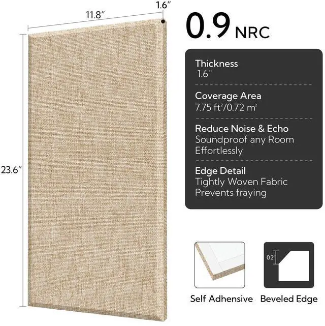 Alt view image 2 of 7 - Fiberglass Acoustic Wall Panels 4 Pack, 11.8'' x 23.6'' Sound Panels, Fabric Wrapped Sound Proof Panels for Walls (Khaki)
