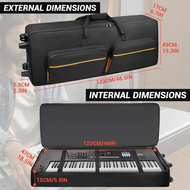 Alt view image 2 of 7 - 73/76 Key Keyboard Case with Wheels & Adjustable Shoulder Straps Padded Rolling 76 Key Gig Bag with 4 Accessory Pockets, for Digital Piano, Synthesizer & Keyboard