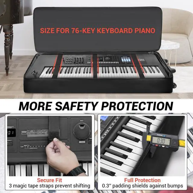 Alt view image 3 of 7 - 73/76 Key Keyboard Case with Wheels & Adjustable Shoulder Straps Padded Rolling 76 Key Gig Bag with 4 Accessory Pockets, for Digital Piano, Synthesizer & Keyboard