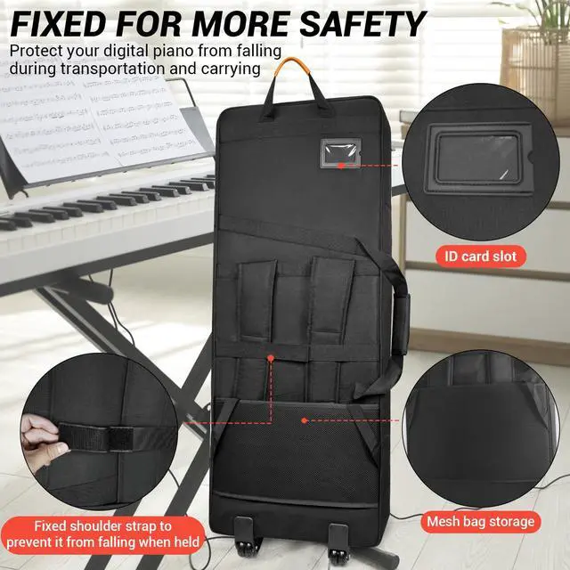 Alt view image 4 of 7 - 73/76 Key Keyboard Case with Wheels & Adjustable Shoulder Straps Padded Rolling 76 Key Gig Bag with 4 Accessory Pockets, for Digital Piano, Synthesizer & Keyboard