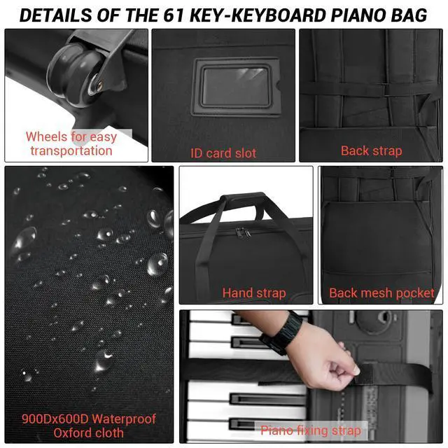 Alt view image 5 of 7 - 73/76 Key Keyboard Case with Wheels & Adjustable Shoulder Straps Padded Rolling 76 Key Gig Bag with 4 Accessory Pockets, for Digital Piano, Synthesizer & Keyboard