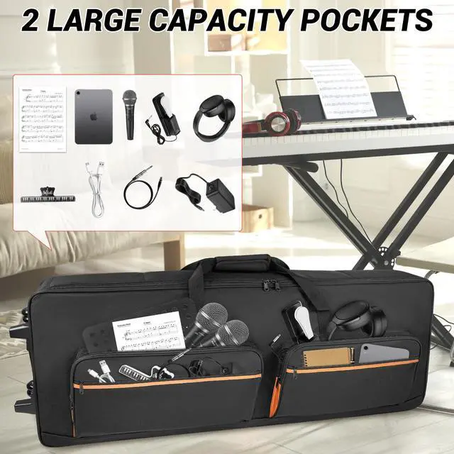 Alt view image 6 of 7 - 73/76 Key Keyboard Case with Wheels & Adjustable Shoulder Straps Padded Rolling 76 Key Gig Bag with 4 Accessory Pockets, for Digital Piano, Synthesizer & Keyboard