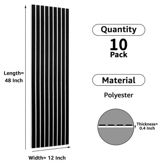 Alt view image 3 of 7 - 10 Pack Acoustic Panels, 48" X 12" X 0.43", Black and White | Soundproof Wall Panels, Self Adhesive, High Density Sound Absorbing, Acoustic Treatment for Recording Studio, Office