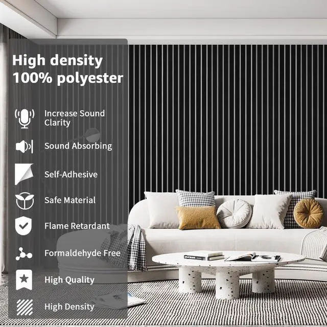 Alt view image 4 of 7 - 10 Pack Acoustic Panels, 48" X 12" X 0.43", Black and White | Soundproof Wall Panels, Self Adhesive, High Density Sound Absorbing, Acoustic Treatment for Recording Studio, Office