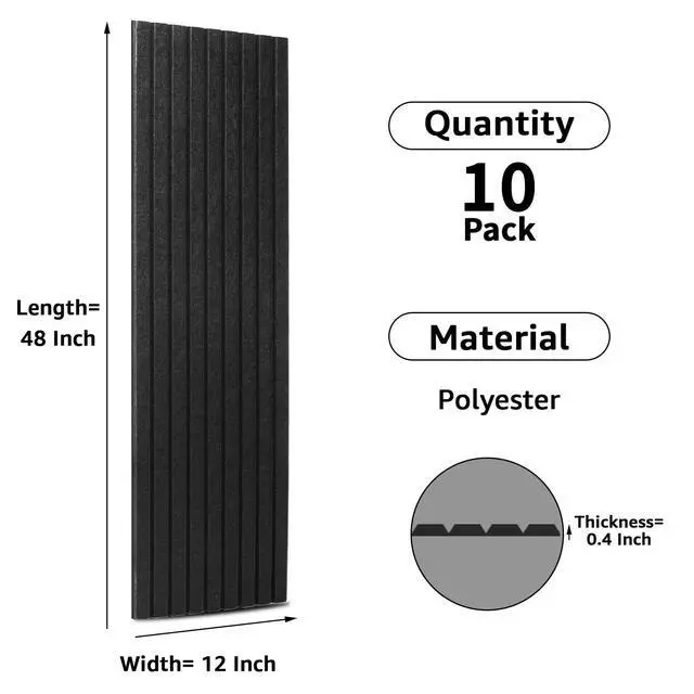 Alt view image 3 of 7 - Acoustic Panels, 48" X 12" X 0.35", Black, 10 Pack | Soundproof Wall Panels, Self Adhesive, High Density Sound Absorbing, Acoustic Treatment for Recording Studio, Office