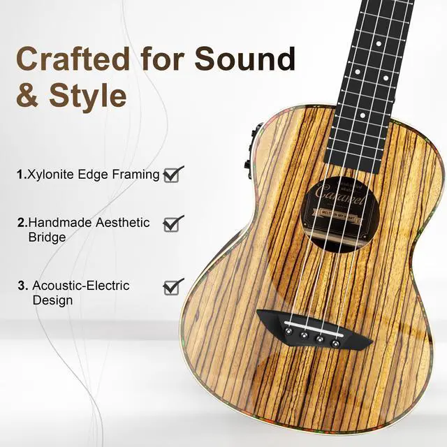 Alt view image 2 of 6 - 26inch CT103 Zebrawood High Gloss Tenor Electric Ukulele Professional Ukelele Kit Beginner Guitar Starter Bundle Strings, Padded Gig Bag, Strap