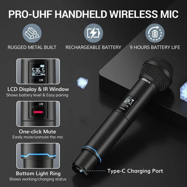 Alt view image 6 of 7 - Rechargeable Wireless Microphone System, Dual Metal Handheld Cordless Mic with Box Receiver, 2x100 UHF Professional Dynamic Mic for Karaoke, Church, Singing, Wedding, DJ, 100 m/328ft, TW750