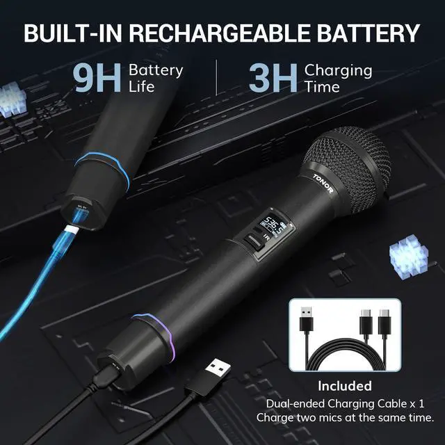 Alt view image 4 of 7 - Rechargeable Wireless Microphone System, Dual Metal Handheld Cordless Mic with Box Receiver, 2x100 UHF Professional Dynamic Mic for Karaoke, Church, Singing, Wedding, DJ, 100 m/328ft, TW750