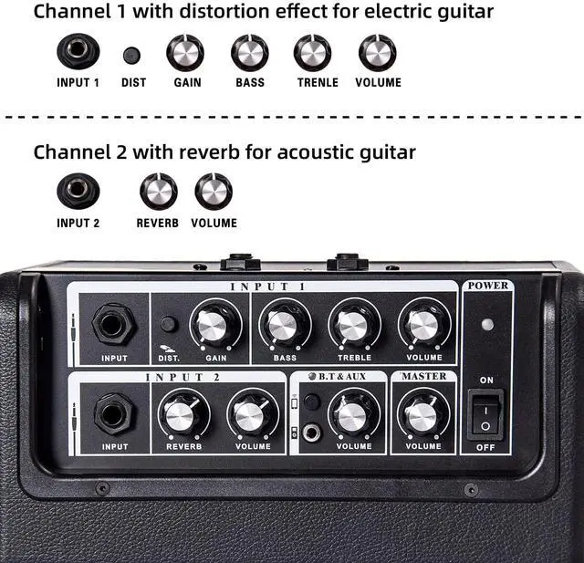 Alt view image 3 of 7 - Acoustic/Electric Guitar Amplifier, 15 Watt Portable Bluetooth Amp for Guitar Acoustic/Electric with Reverb Effect, 2 Band EQ,Black