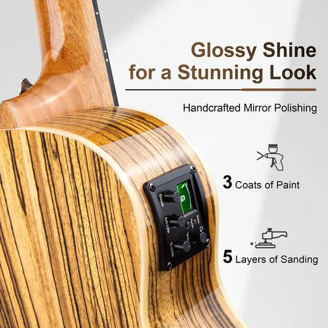 Alt view image 4 of 6 - 26inch CT103 Zebrawood High Gloss Tenor Electric Ukulele Professional Ukelele Kit Beginner Guitar Starter Bundle Strings, Padded Gig Bag, Strap