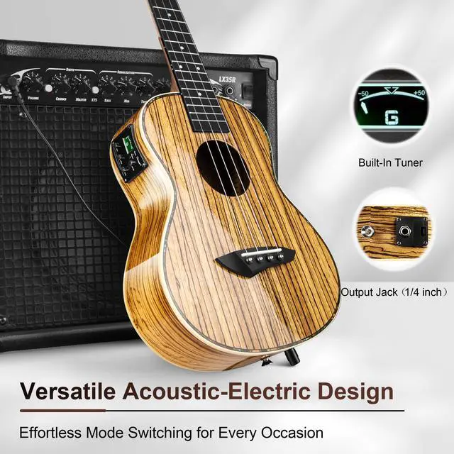 Alt view image 5 of 6 - 26inch CT103 Zebrawood High Gloss Tenor Electric Ukulele Professional Ukelele Kit Beginner Guitar Starter Bundle Strings, Padded Gig Bag, Strap