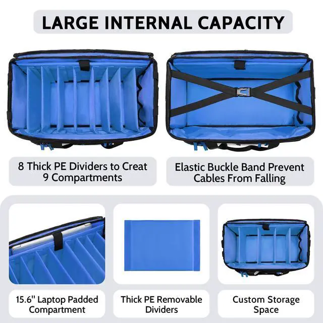 Alt view image 2 of 6 - DJ Cable Bag with Detachable Dividers for Equipment and Music Gear, Blue | Laptop and Microphone Pocket, Versatile Carrying with Shoulder Strap, Durable Fabric, for Musicians and Audio Professionals