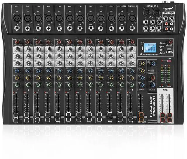 Main image of 12 Channel Audio Mixer with Bluetooth, Professional DJ Mixer Board with 48V Phantom Power, USB Audio Interface & MP3 Player, Sound Mixing Console for Live Show,Streaming Recording Music Stage Karaoke