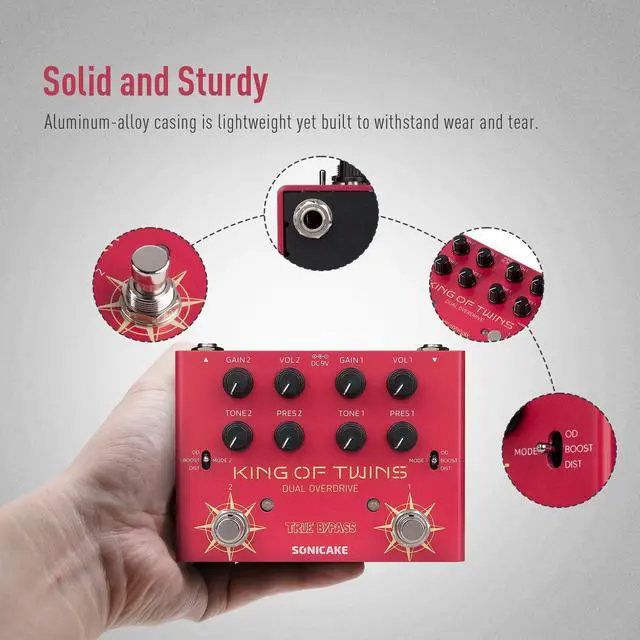 Alt view image 6 of 7 - Overdrive Pedal, Dual Channel 3 Modes - Overdrive/Boost/Distortion Compact Effects Pedal for Bass Electric Guitar, Pure Analog Circuit, True Bypass - King of Twins QDS-08