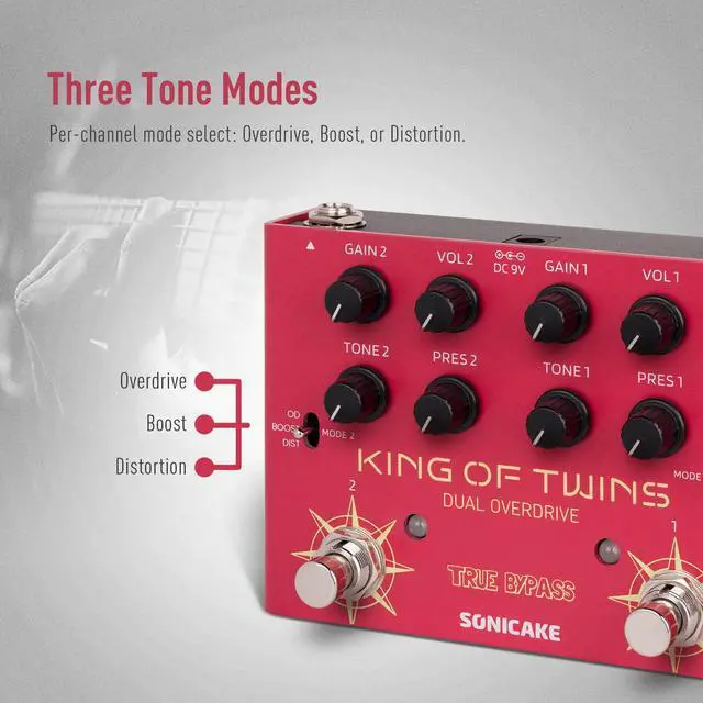 Alt view image 4 of 7 - Overdrive Pedal, Dual Channel 3 Modes - Overdrive/Boost/Distortion Compact Effects Pedal for Bass Electric Guitar, Pure Analog Circuit, True Bypass - King of Twins QDS-08
