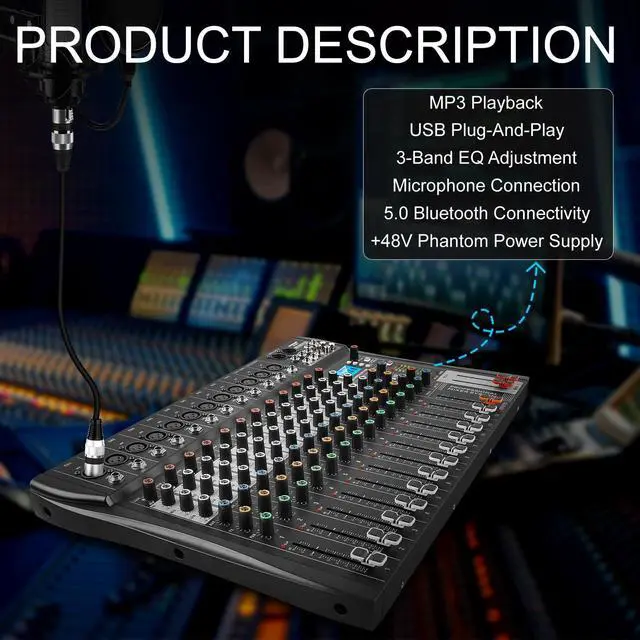 Alt view image 2 of 7 - 12 Channel Audio Mixer with Bluetooth, Professional DJ Mixer Board with 48V Phantom Power, USB Audio Interface & MP3 Player, Sound Mixing Console for Live Show,Streaming Recording Music Stage Karaoke