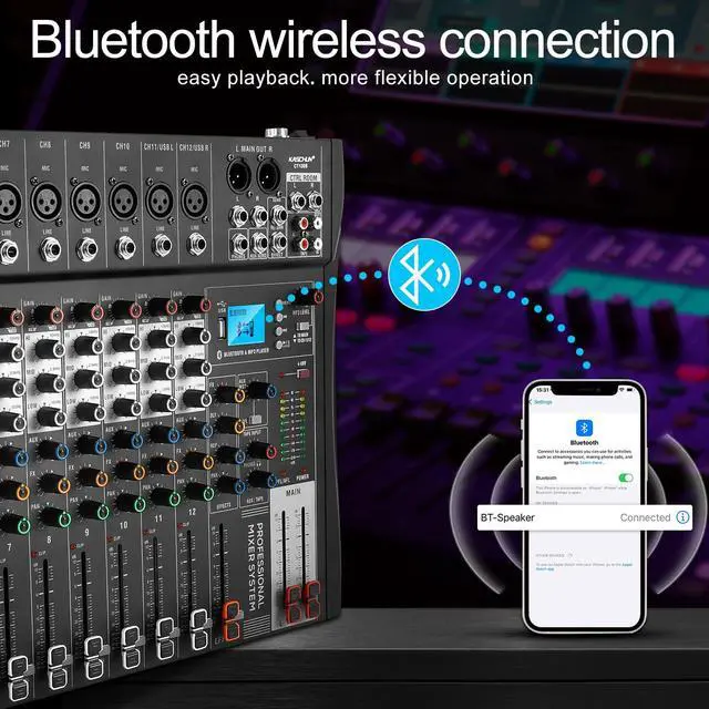 Alt view image 4 of 7 - 12 Channel Audio Mixer with Bluetooth, Professional DJ Mixer Board with 48V Phantom Power, USB Audio Interface & MP3 Player, Sound Mixing Console for Live Show,Streaming Recording Music Stage Karaoke