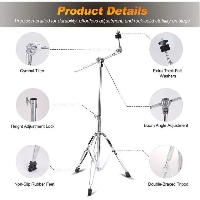 Alt view image 4 of 7 - 2 Pack Boom Cymbal Stand + 2 Pack Straight Cymbal Stand Combo Set, Adjustable Cymbal Stand for Crash, Ride, Splash Cymbals, Stable Double-Braced Tripod Legs with Rubber (4 Pack)