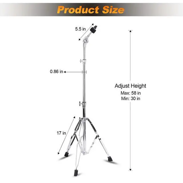 Alt view image 3 of 7 - 2 Pack Boom Cymbal Stand + 2 Pack Straight Cymbal Stand Combo Set, Adjustable Cymbal Stand for Crash, Ride, Splash Cymbals, Stable Double-Braced Tripod Legs with Rubber (4 Pack)