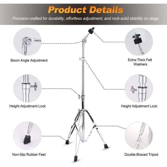 Alt view image 5 of 7 - 2 Pack Boom Cymbal Stand + 2 Pack Straight Cymbal Stand Combo Set, Adjustable Cymbal Stand for Crash, Ride, Splash Cymbals, Stable Double-Braced Tripod Legs with Rubber (4 Pack)