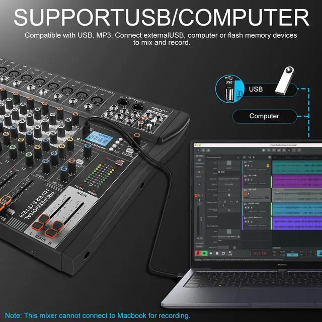 Alt view image 5 of 7 - 12 Channel Audio Mixer with Bluetooth, Professional DJ Mixer Board with 48V Phantom Power, USB Audio Interface & MP3 Player, Sound Mixing Console for Live Show,Streaming Recording Music Stage Karaoke