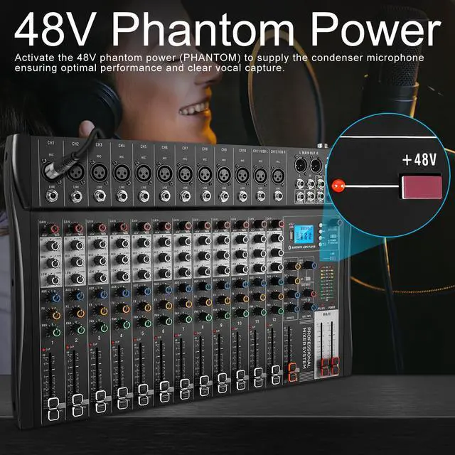Alt view image 6 of 7 - 12 Channel Audio Mixer with Bluetooth, Professional DJ Mixer Board with 48V Phantom Power, USB Audio Interface & MP3 Player, Sound Mixing Console for Live Show,Streaming Recording Music Stage Karaoke