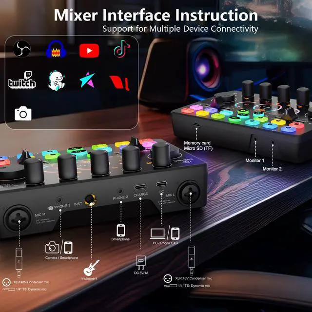 Alt view image 6 of 7 - Podcast Equipment Bundle for 2, Dynamic XLR/USB Gaming Microphone & Streaming Audio Mixer with RGB Lights, Perfect for Podcast, Recording, Video Vocal, PC