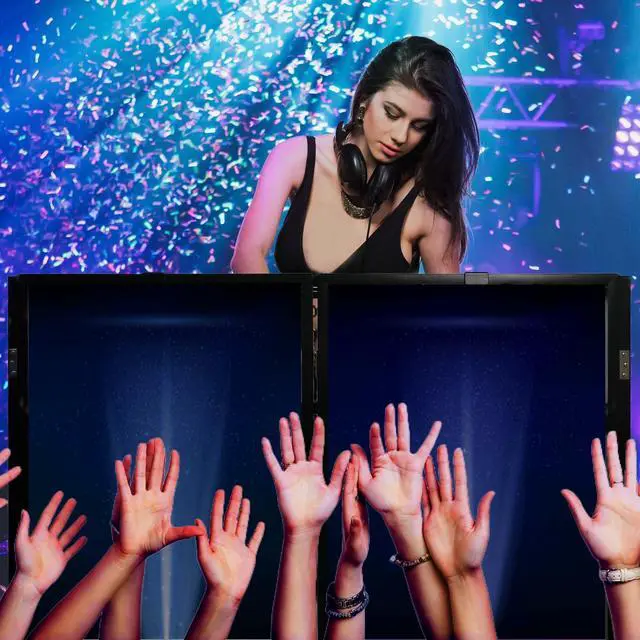 Alt view image 6 of 7 - Portable DJ Booth Facade Stand, Foldable DJ Table 45"x40" Tabletop, DJ Facade Station for DJ Controller, Mixer & LaptopEvents&Parties Includes Carry Bag&Two Metal Corner Tables