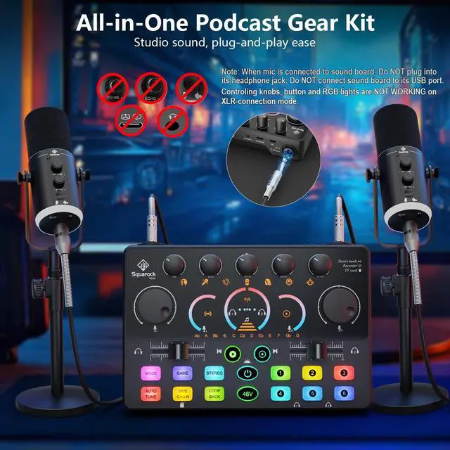 Alt view image 5 of 7 - Podcast Equipment Bundle for 2, Dynamic XLR/USB Gaming Microphone & Streaming Audio Mixer with RGB Lights, Perfect for Podcast, Recording, Video Vocal, PC
