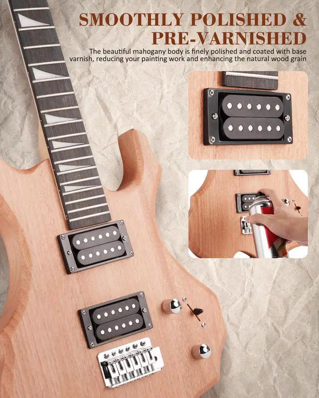 Alt view image 4 of 7 - DIY Electric Guitar Kit, Fire Style Mahogany Body & Maple Neck Guitar with HH Pickups, Easy to Assemble Kit with All Parts Included Build Your Own Electric Guitar SFR-D30