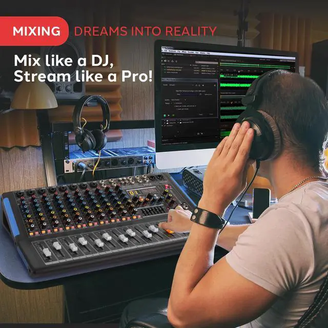 Alt view image 2 of 7 - 12-Channel Console Style Audio Mixer with Bluetooth - DJ Sound Controller, 8 XLR / Combo Inputs, Sub Out, +48V Phantom, USB-A In, 16 DSP Effects, MP3 Player, 7-Band EQ - PMXU128BT