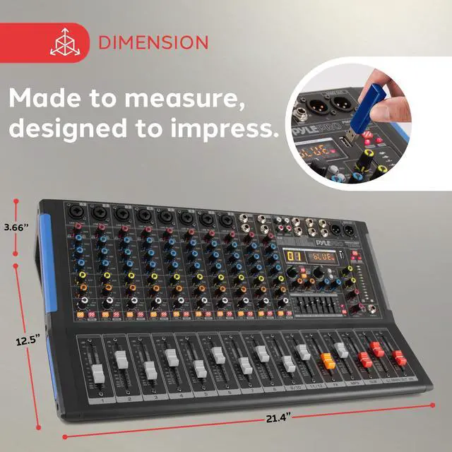 Alt view image 3 of 7 - 12-Channel Console Style Audio Mixer with Bluetooth - DJ Sound Controller, 8 XLR / Combo Inputs, Sub Out, +48V Phantom, USB-A In, 16 DSP Effects, MP3 Player, 7-Band EQ - PMXU128BT