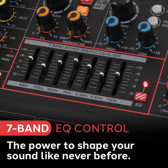 Alt view image 4 of 7 - 12-Channel Console Style Audio Mixer with Bluetooth - DJ Sound Controller, 8 XLR / Combo Inputs, Sub Out, +48V Phantom, USB-A In, 16 DSP Effects, MP3 Player, 7-Band EQ - PMXU128BT